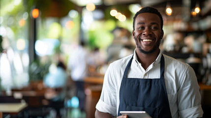 Sticker - smiling young man standing in a restaurant, holding a tablet