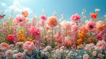 Wall Mural - Lush garden of vibrant flowers on blue sky background