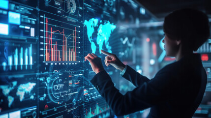 Portrait of people, digital entrepreneurs working on digital screen, line of code. A software developer works on innovative technologies using large amounts of data. Technology concept, modernity.