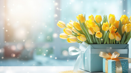 Poster - Bright yellow tulips and elegantly wrapped gifts adorned with blue and golden ribbons against a soft blue background with light bokeh and golden glitter on the surface.