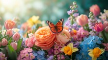 Butterfly Perched On A Bouquet Of Spring Blooms. Lush Garden Of Blooming Rose Ranunculus In Soft Morning Light. Floral Spring Wallpaper Background