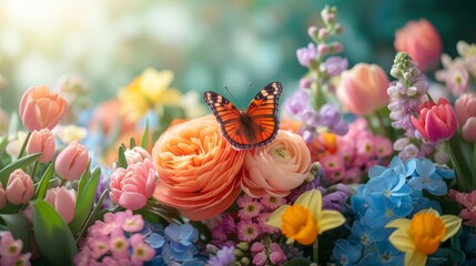 Poster - Butterfly Perched on a Bouquet of Spring Blooms. Lush Garden of Blooming Rose ranunculus in Soft Morning Light. Floral spring wallpaper background