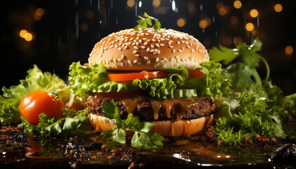 Wall Mural - Grilled gourmet burger with fresh beef, cheese, and tomato generated by AI