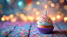 Birthday background, birthday cupcake in colorful lights background, place for text