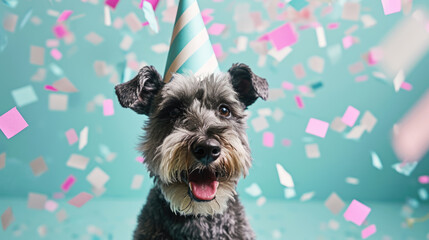 Sticker - Happy gray miniature schnauzer wearing a light blue party hat, with its mouth open in a joyful expression, surrounded by colorful confetti against a teal background.