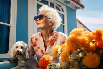 Wall Mural - Stylish elderly woman with white hair and sunglasses next to a fluffy dog, with orange flowers in the foreground