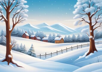 Childrens Illustration Of A Snow Covered Field With Trees And A Snow C