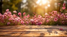 Wooden Table And Spring Flowers In The Garden Backgroound