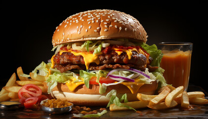 Wall Mural - Grilled burger with cheese, tomato, and French fries for lunch generated by AI