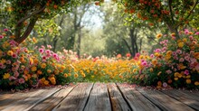 Spring Wild Flowers Garden Background With Empty Wooden  Table Top In Front For Product Promotion, Sunlight Soft Background