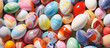 Easter eggs as background, close-up. colorful chicken eggs. vibrant color. view from above. illustration.