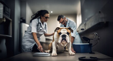 English Bulldog Dog In A Veterinary Clinic With A Veterinarian.