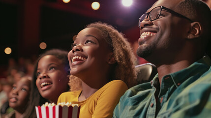 Sticker - Family is smiling and watching a movie in a cinema, with a child and everyone looking happy and engaged with the screen.