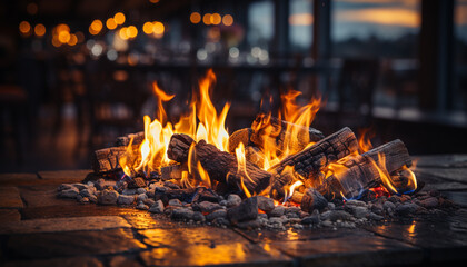 Canvas Print - Glowing bonfire heats wood, cooking food for comfortable outdoor meal generated by AI