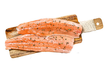 Canvas Print - Raw salmon or trout sea fish fillet with spices and herbs.  Isolated, Transparent background. 