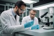 © Алексей Ковалев - Side view of crop anonymous male medic in uniform and mask using microscope while working in lab near woman colleague