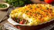 Shallow depth of field (selective focus) image with British shepherd's pie dish. Generative AI.