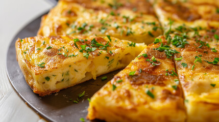 Shallow depth of field (selective focus) image with Spanish tortilla espanola dish. Generative AI.