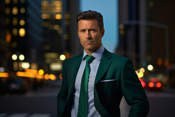 A stylish man in a smart suit and emerald green tie poses against a backdrop of modern skyscrapers under the dusky sky