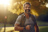 Fototapeta  - Athletic middle-aged man with a buzz cut, glancing at his wristwatch during a peaceful evening stroll in a lush park