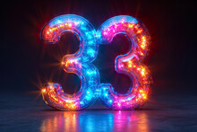 Number 33 - Colorful Glowing Outline Alphabet Symbol On Blue Lens Flare Dark Background