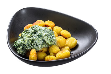 Poster - Fried gnocchi potato pasta with spinach.   Isolated, Transparent background. 