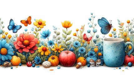 Wall Mural - A drawing where colorful butterflies and lively insects fly around bright flowe