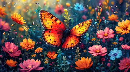 Wall Mural - A drawing where colorful butterflies and lively insects fly around bright flo