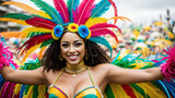 Fototapeta  - a woman in a colorful Brazilian carnival costume with feathers on her head and arms stretched high, smiling at the camera, street carnival Generative AI