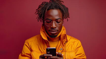 Studio photograph of a guy with a phone against a background of burgundy c