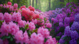 Fototapeta  - Thick bushes of azalia explode in colors from purple to pink, turning into a real enchanting fores