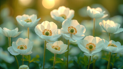 Wall Mural - White anemones reveal their delicate petals, like stars, flickering in the spring li