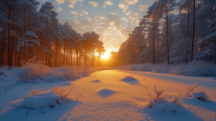 Poster - A landscape with a winter forest covered with a layer of white s