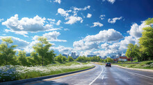 Futuristic Transport Concept. Beautiful Spring Morning Environment Background.