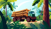 Cartoon Illustration Of Lorry Carrying Logs, Leaving Rainforest 