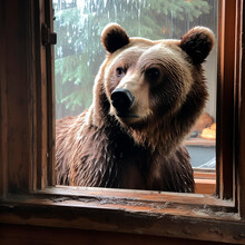 Wild Bear Looks Into The Window Of A House, A Photo Of The Head Of A Wild Animal From The Window, Nature Enters The House