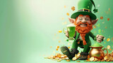 Fototapeta Dziecięca - red smiling leprechaun in a green hat with a mug of green ale on a green background with space for text, advertising banner or flyer for an Irish pub for St. Patrick's Day