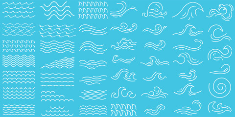 Sea waves hand draw zigzag lines. Set of line water waves icon, sign with simple doodle wave.Vector wave icons ornament on Blue background. Water logo, ocean symbol collection.