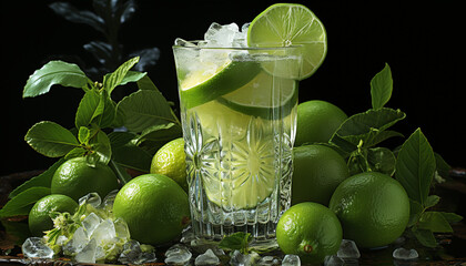 Canvas Print - Refreshing mojito cocktail with lime slice and mint leaf generated by AI