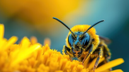 Poster - A bee on a yellow flower with blurred background, AI