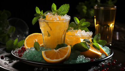 Wall Mural - Refreshing summer cocktail with citrus fruits and fresh mint leaves generated by AI