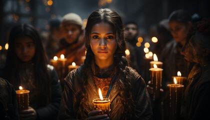 Poster - Women smiling, holding candles, celebrating, burning flames, spirituality, happiness generated by AI