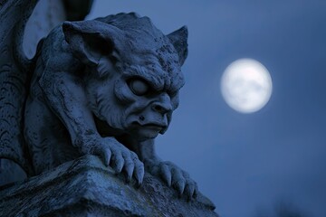 Wall Mural - A close-up of a spooky gargoyle statue against a moonlit sky