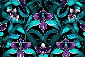 Wall Mural - Orchid, teal, and onyx seamless African pattern, tribal motifs grunge texture on textile background