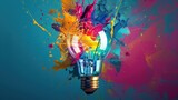 Creative colored light bulb explosion with shards and paint, a creative idea. Think different, concept. Business, ideas and the discovery of new technology