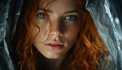 Poster - Young woman with long brown hair looking at camera outdoors generated by AI