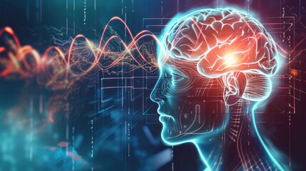 Human head and brain. Different kind of waveforms produced by brain activity shown on background. Digital illustration