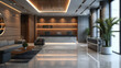 © scaliger - Modern interior of luxury office hall, clean marble floor and plants in lobby of commercial building. Concept of tile, hallway, service, company, wood and stone design
