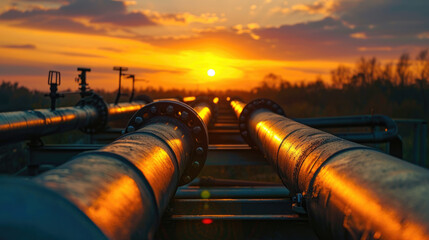 Factory pipeline at sunset, crude gas and oil pipes of refinery plant or petrochemical industry. Scenery of steel industrial tube lines, sky and sun. Concept of energy, power,