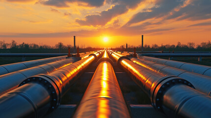 Wall Mural - Perspective view of factory pipeline at sunset, crude gas and oil pipes of refinery plant or petrochemical industry. Scenery of steel tube lines and sun. Concept of energy, power